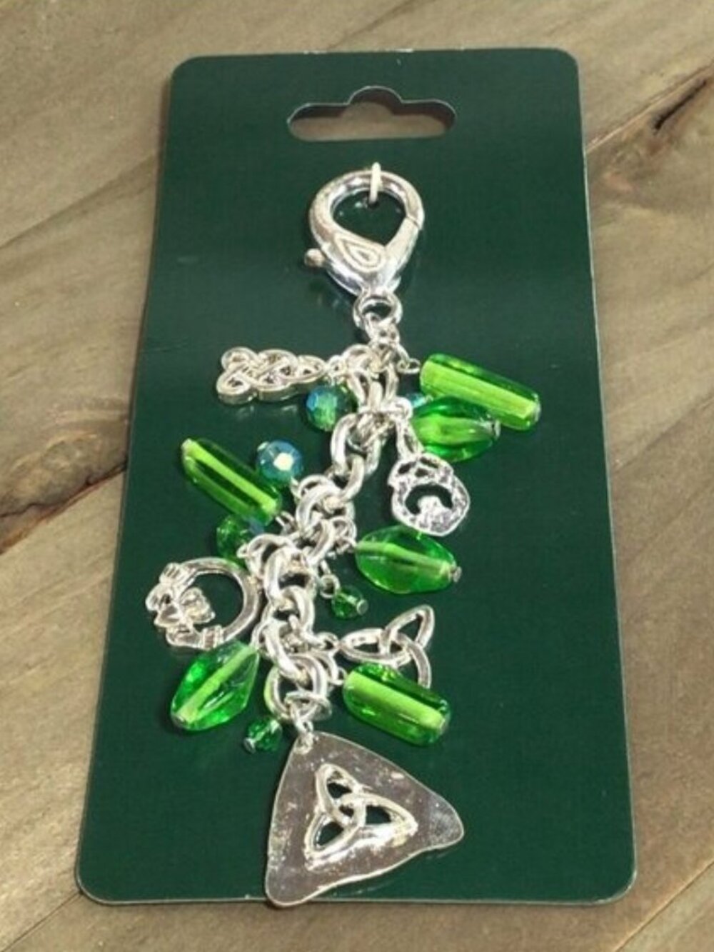 Disney Parks Merch Celtic Knot Keychain Zipper Pull Silver Tone Green Beaded
